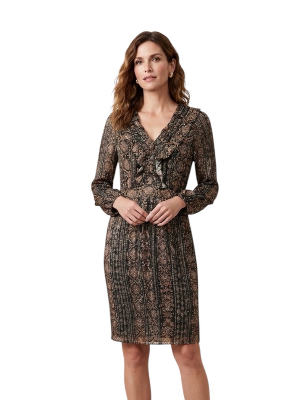 Loft Brown Printed V-Neck Ruffle Metallic Thread Long-Sleeve Dress Size 0